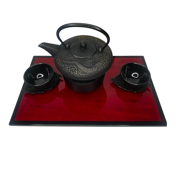 Teavana Black Cast Iron Tea Set with Red Tray